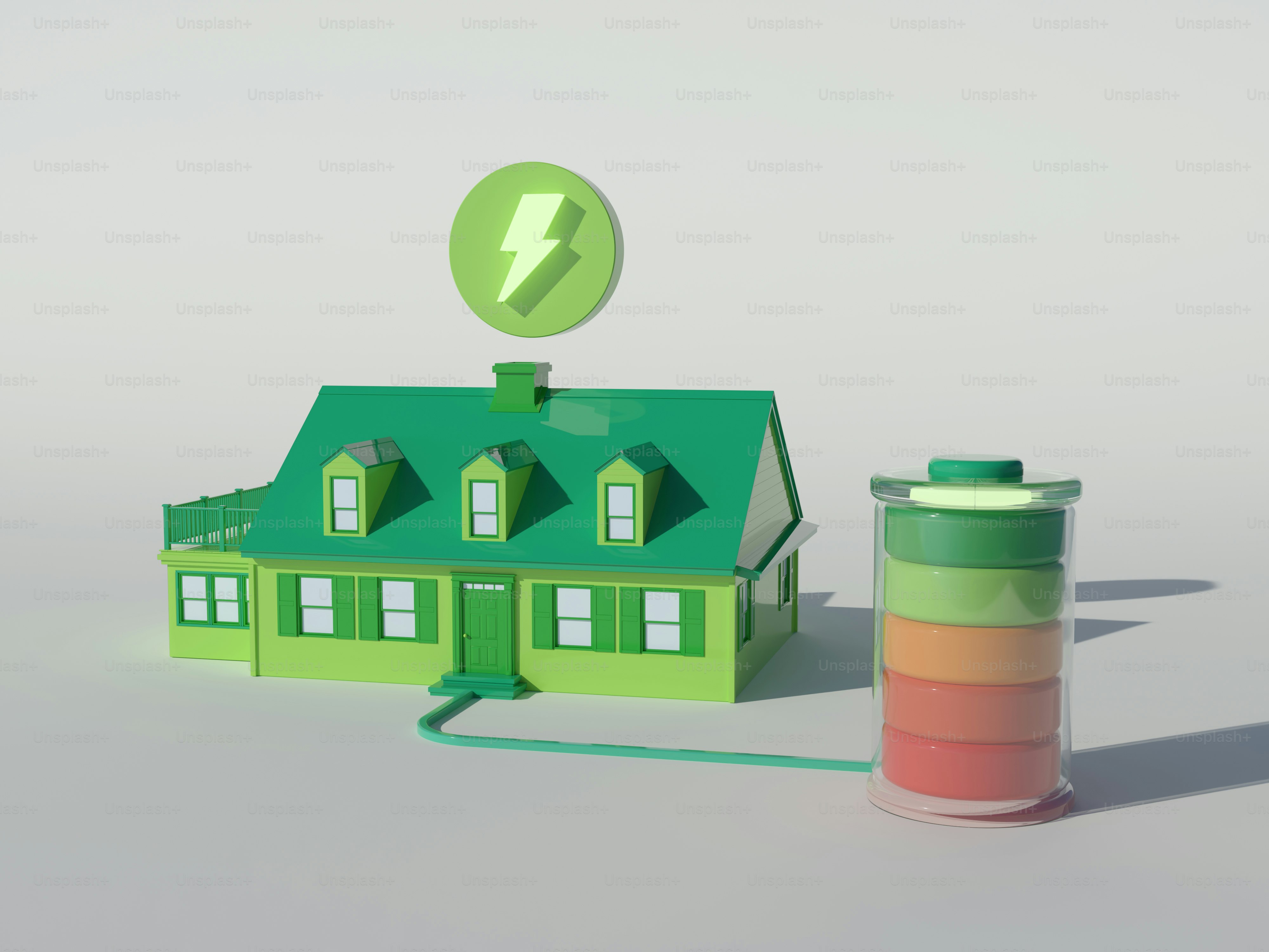 a green house with a green lightening bolt above it