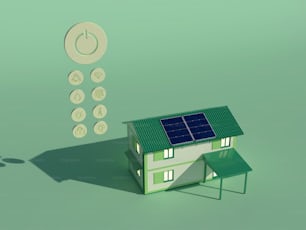 uma pequena casa com um painel solar no telhado