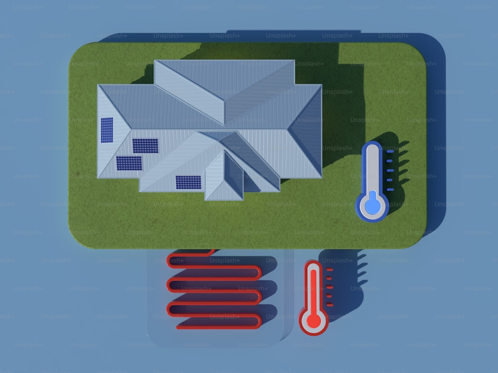 an aerial view of a house with a heater and a thermometer
