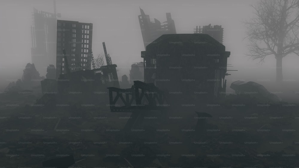 Un cimitero nebbioso con vecchi edifici sullo sfondo
