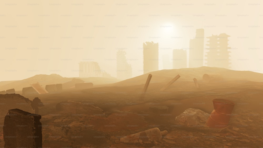 a desert scene with a few buildings in the distance