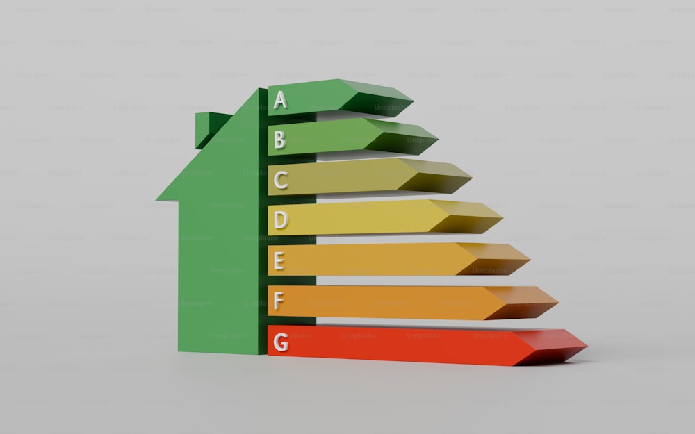 a green and yellow energy efficiency sign with arrows pointing upward