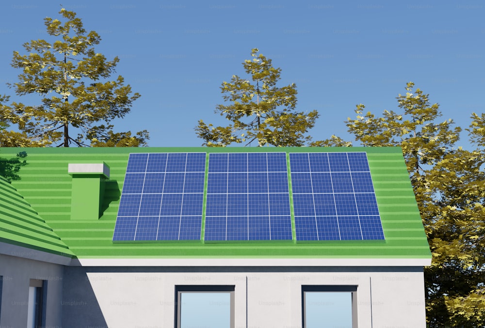 une maison avec un toit vert et un panneau solaire sur le toit