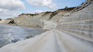 une plage de sable à côté d’une falaise avec un plan d’eau