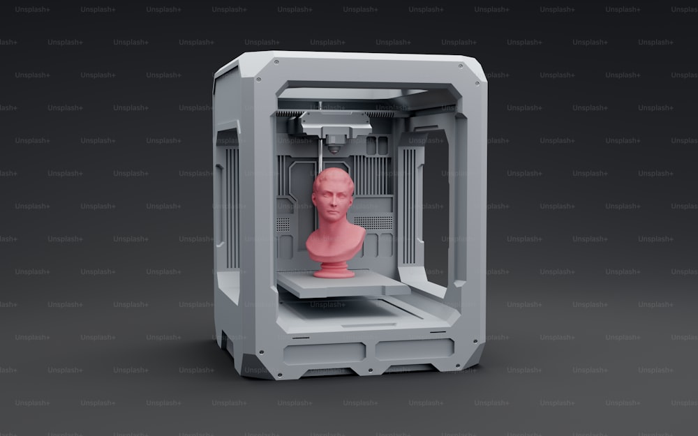 Uma renderização 3D de uma cabeça humana em uma gaiola