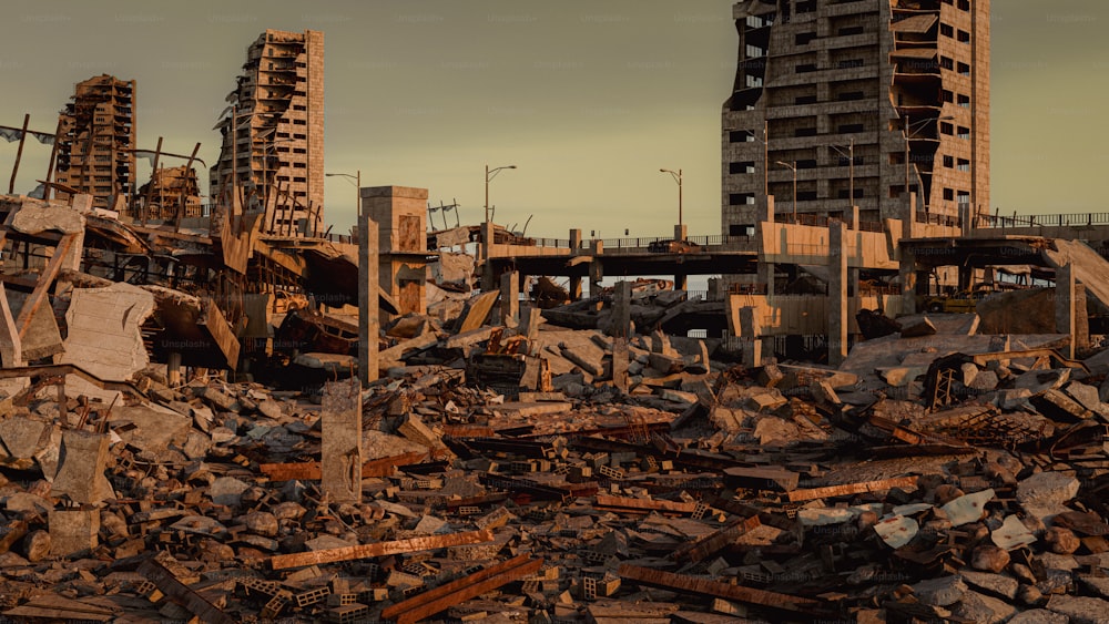 a large pile of rubble with a building in the background