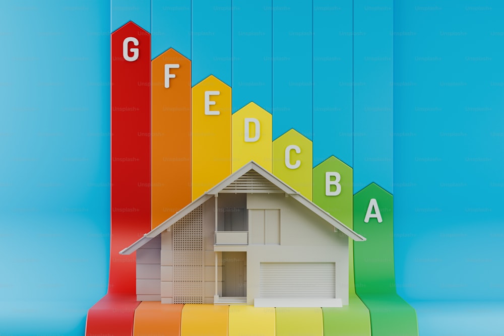 a house with a colorful bar chart on top of it