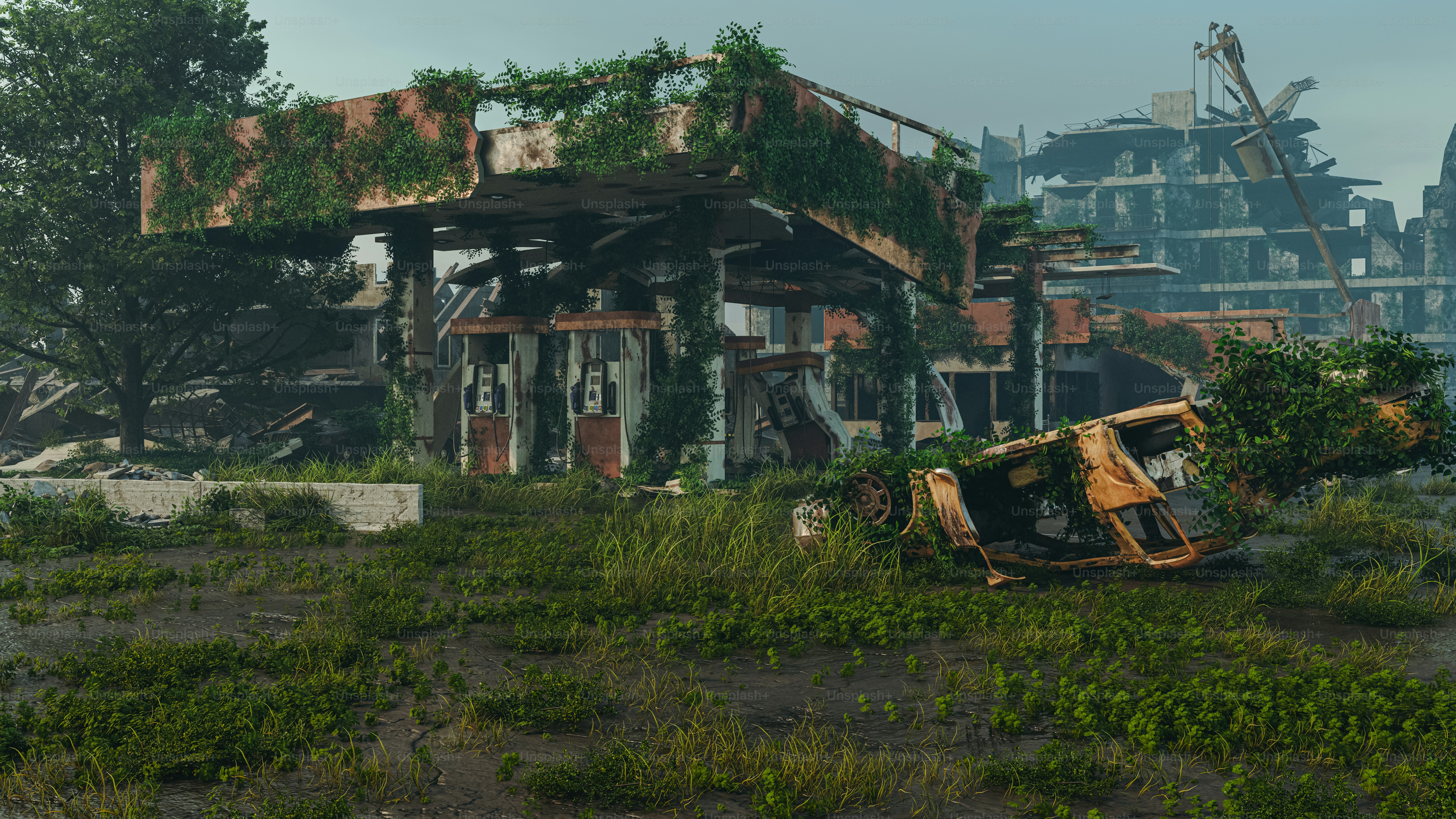 an old run down building with a broken down car in front of it