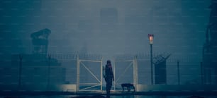 a person standing in front of a gate with a dog