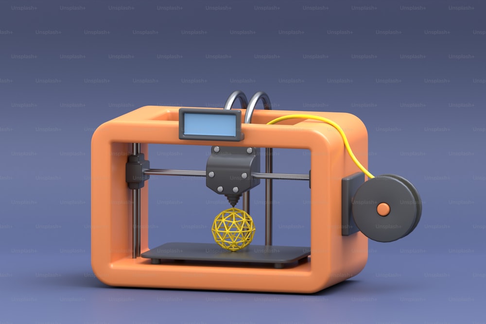 an orange 3d printer with a yellow wire attached to it