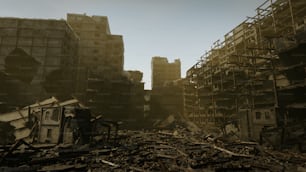 Un montón de escombros en una ciudad con andamios
