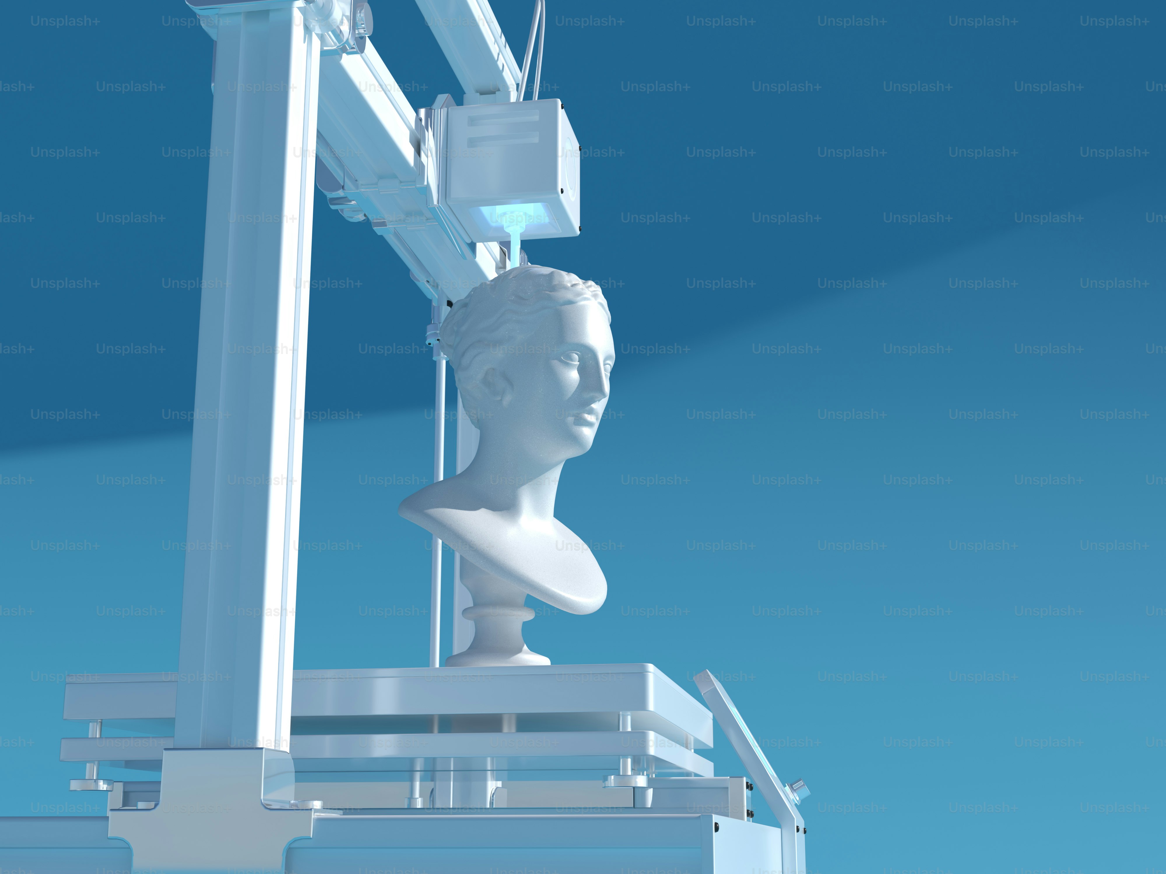 a white sculpture of a head on top of a metal structure