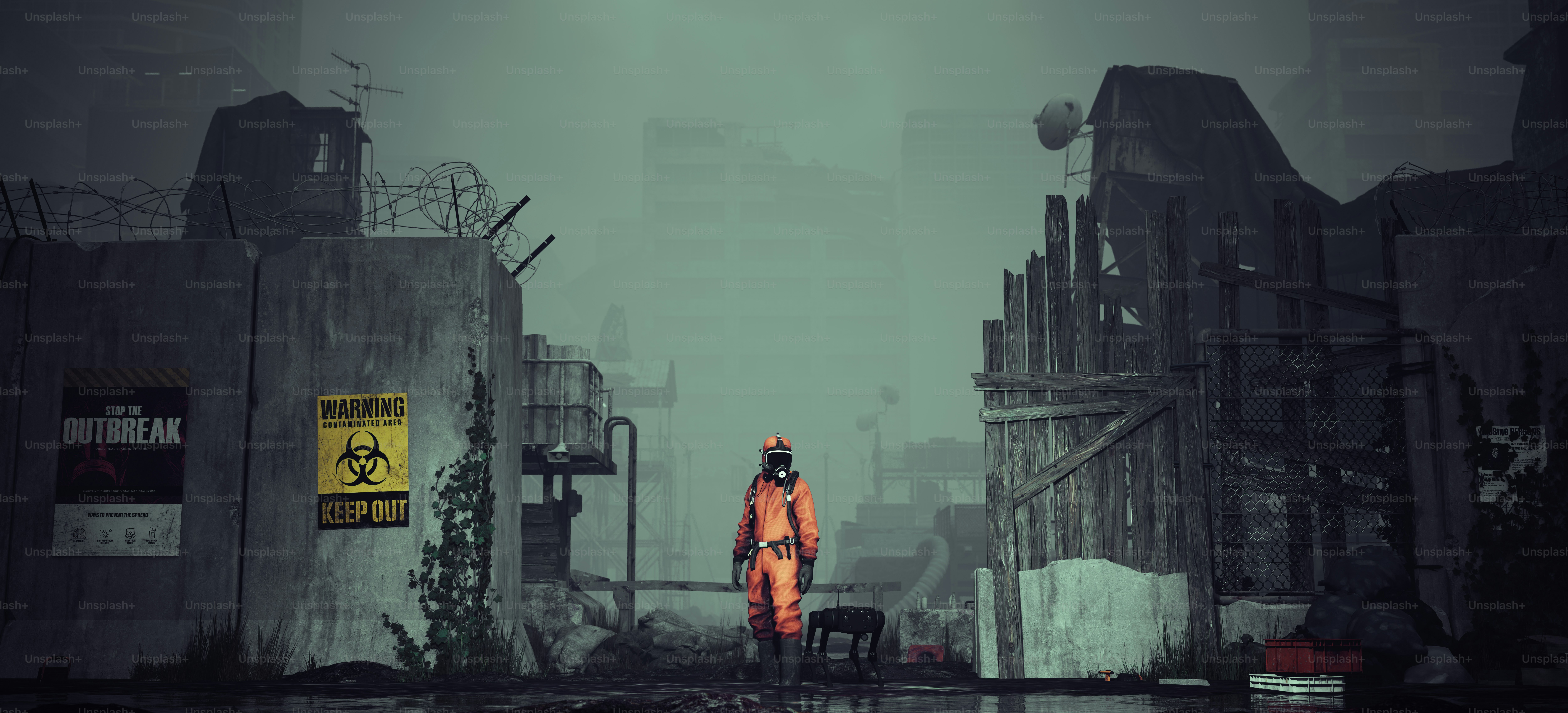 un homme en costume orange debout dans une ville