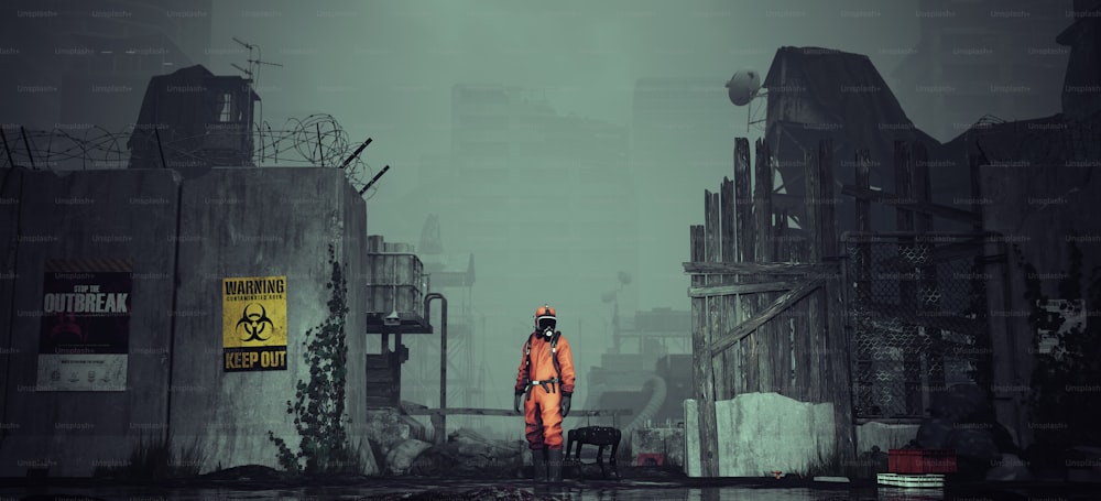 a man in an orange suit standing in a city