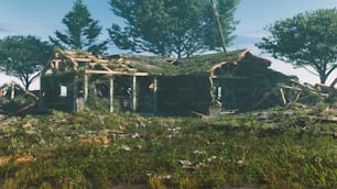 森の中で崩れ落ちる家