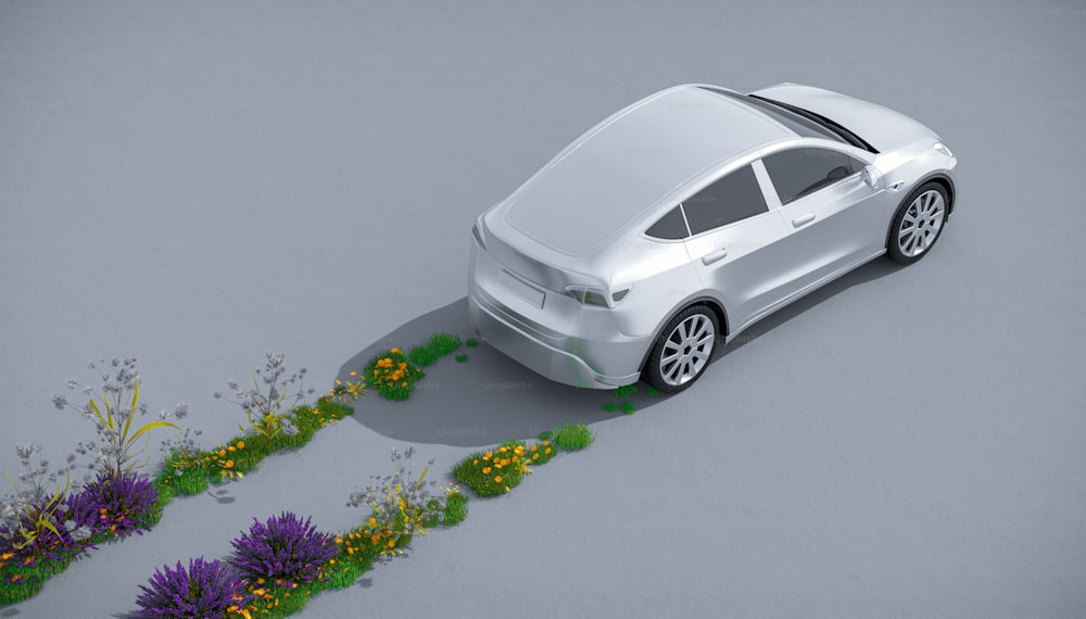 a white car is parked in a field of flowers