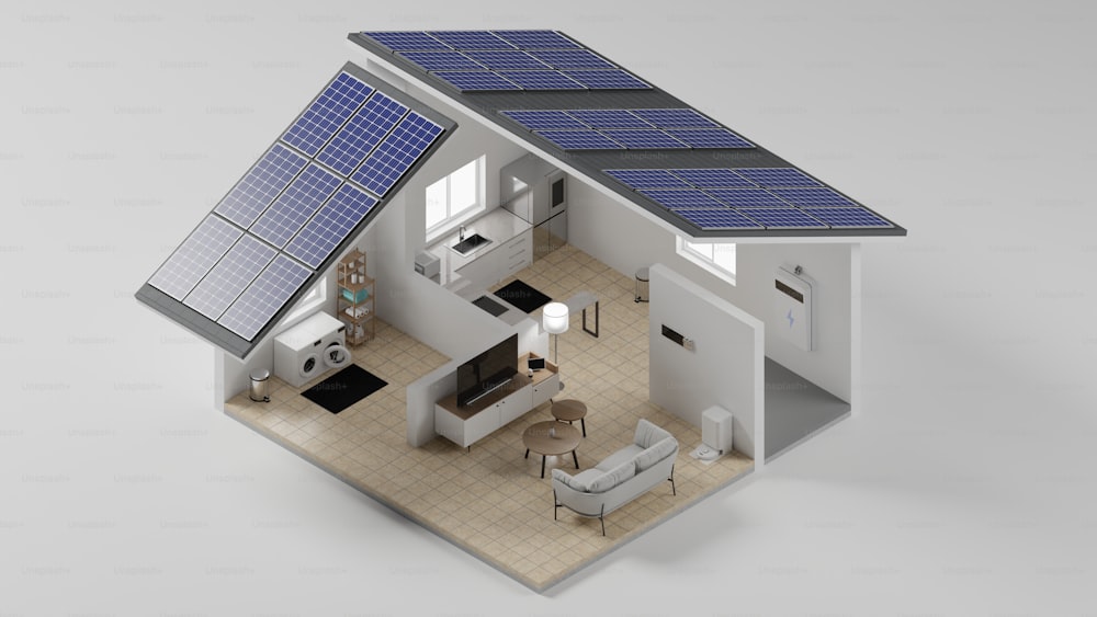 Una pequeña casa con un panel solar en el techo