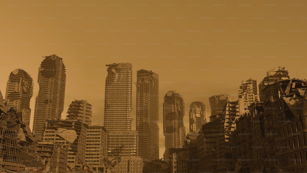 a sepia toned photo of a city with tall buildings
