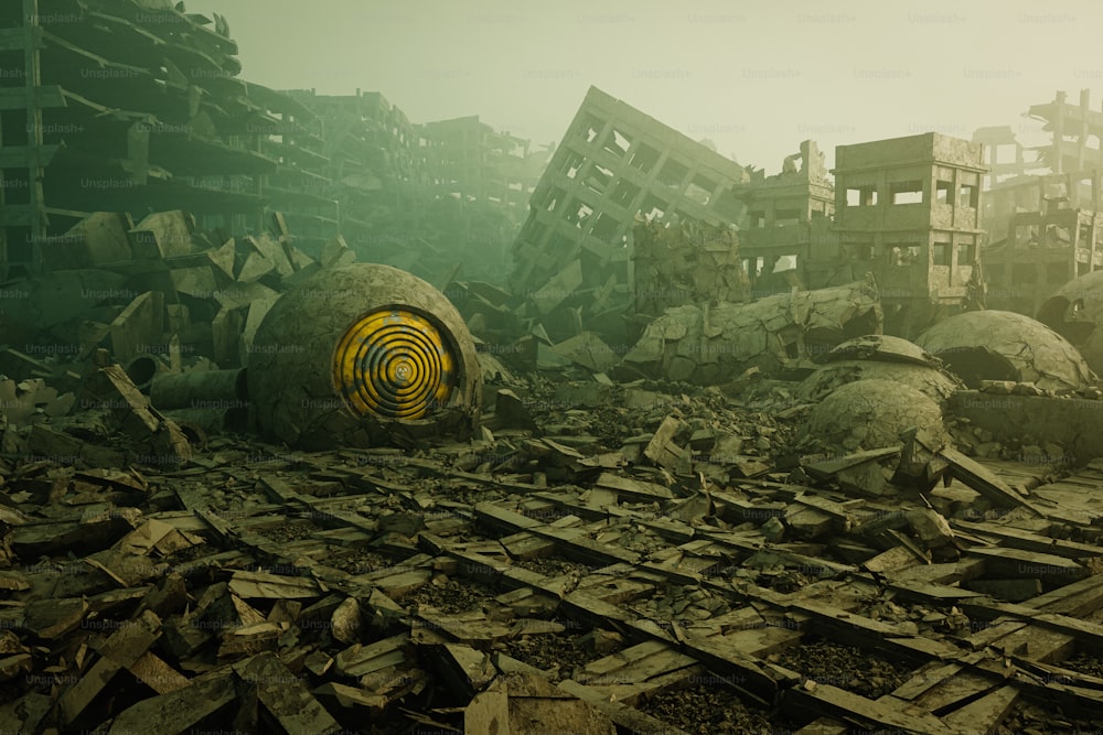 a pile of rubble with a large yellow object in the middle of it