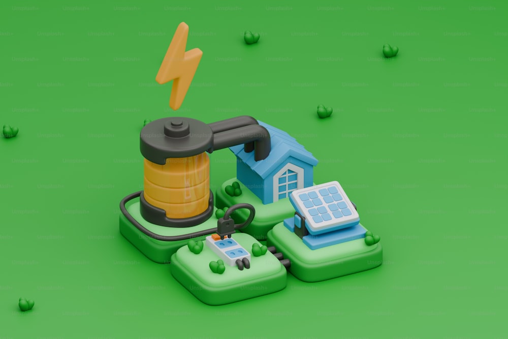 a green background with a house and a yellow and blue device