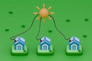 Tres casas conectadas a un sol sobre un fondo verde
