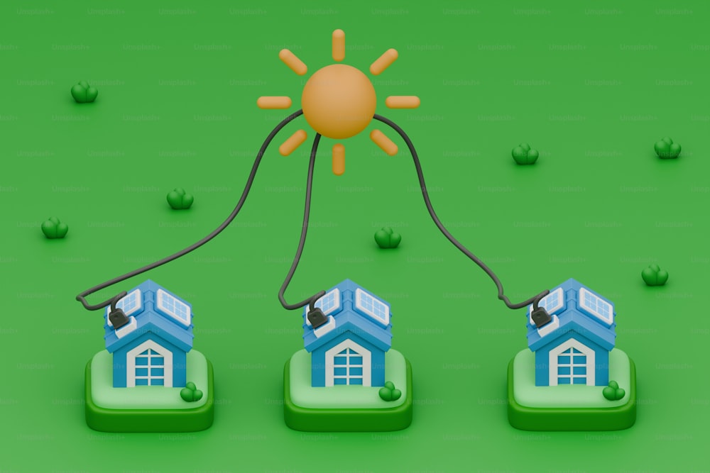 three houses connected to a sun on a green background