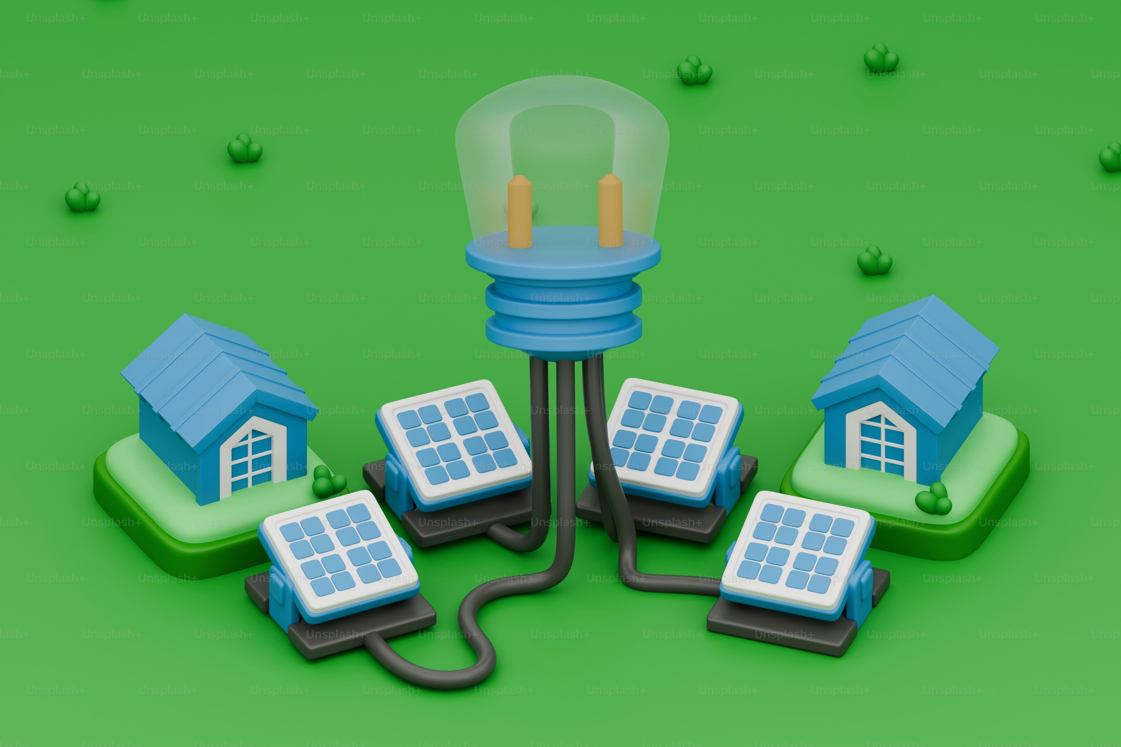 a group of solar panels connected to a light bulb