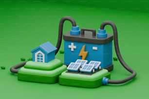 a blue and green battery with a house on top of it