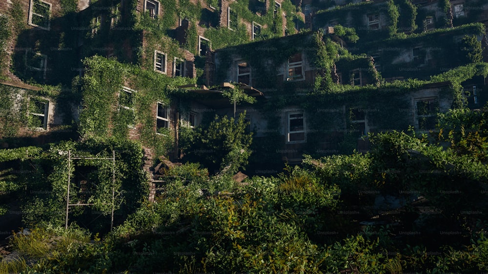 an old building covered in vines and vines