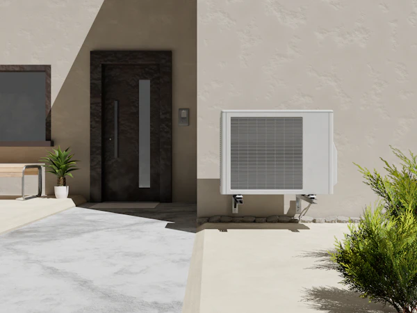 Buitenunit van een warmtepomp als duurzame verwarming naast een woning