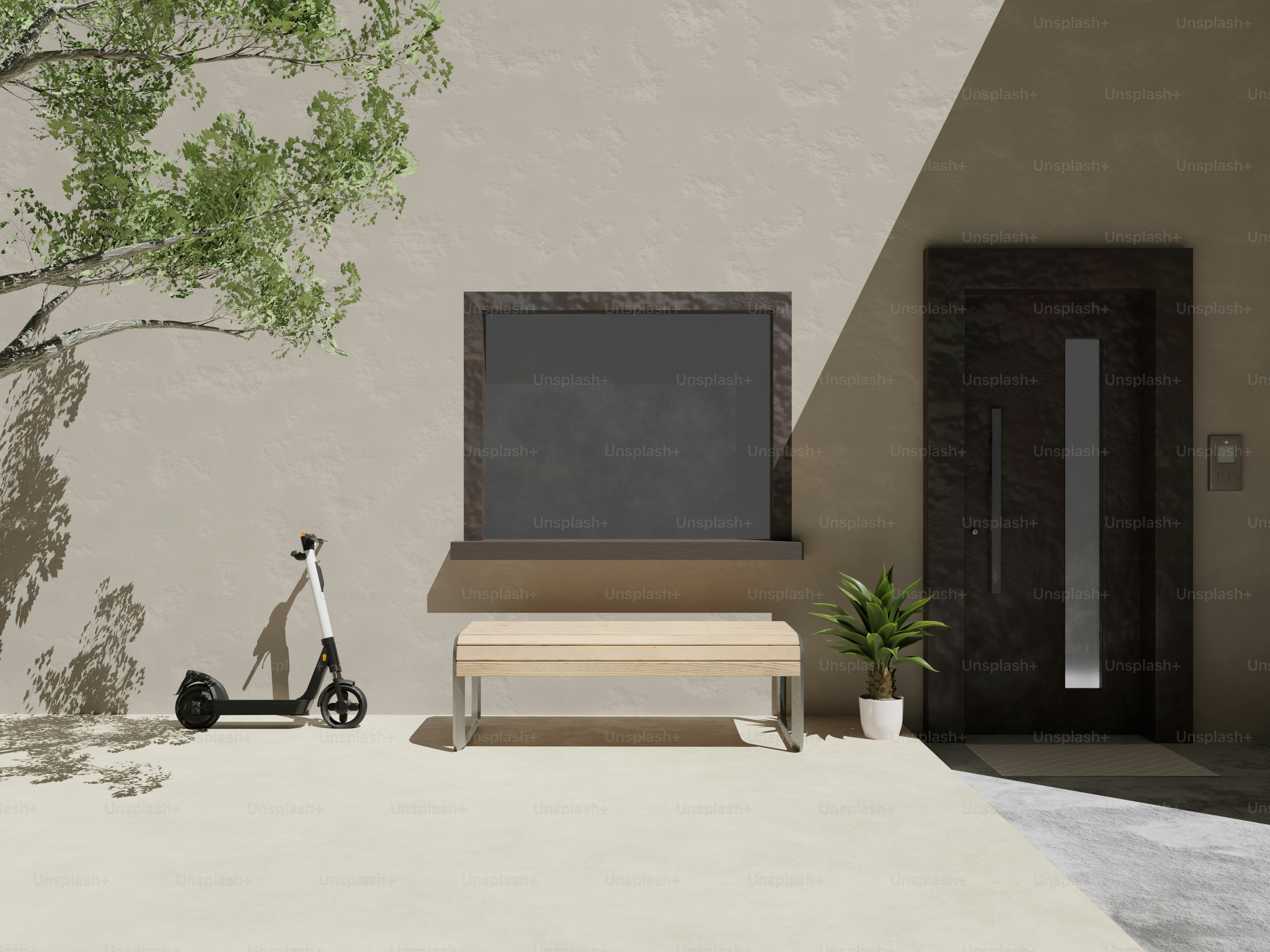 a scooter is parked in front of a house