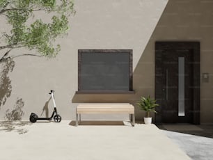 a scooter is parked in front of a house