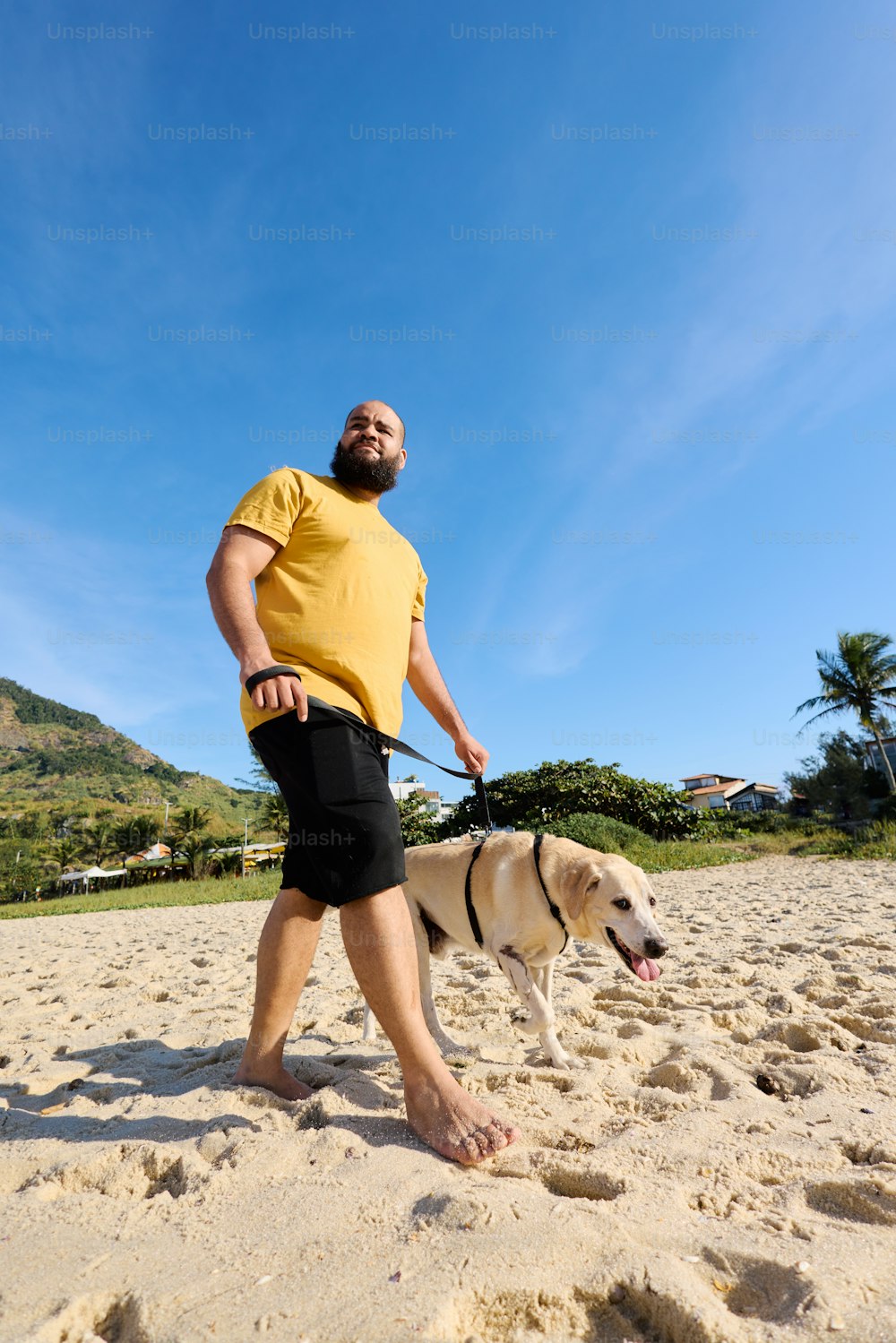 a man walking a dog on a sandy beach