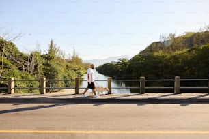 a person walking a dog across a bridge