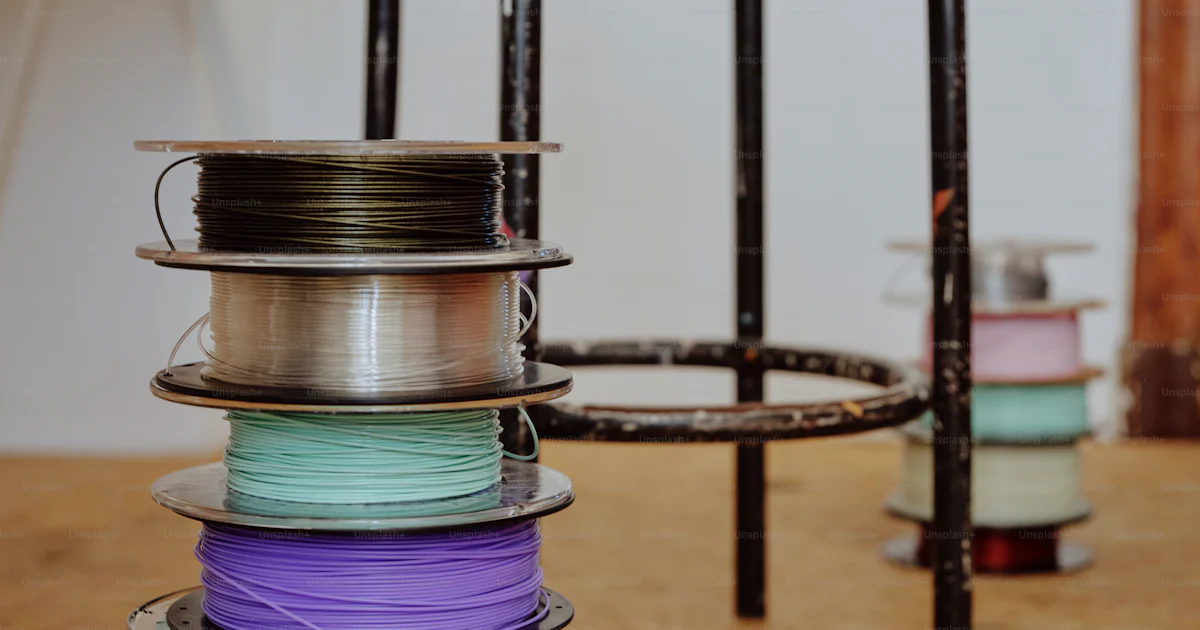 A stack of spools of wire sitting on top of a wooden table photo – 3d ...