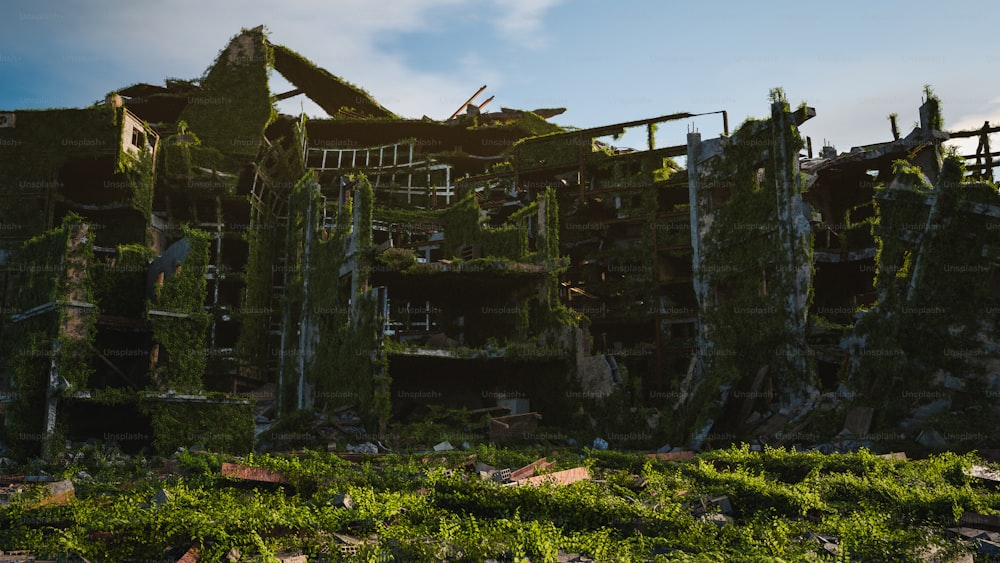 a building that has been destroyed and overgrown