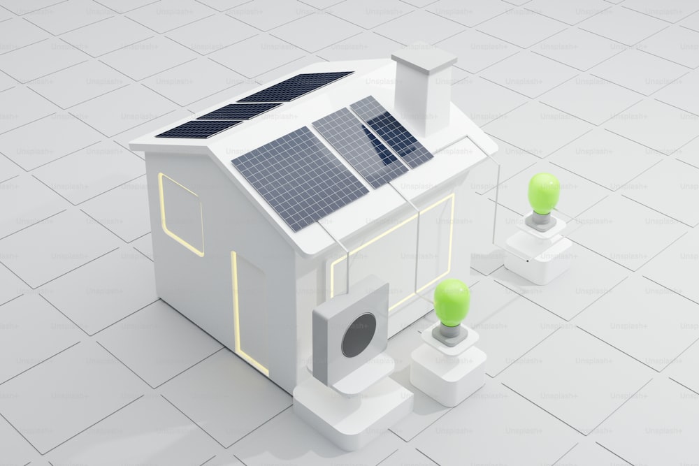 una pequeña casa con un panel solar en la parte superior