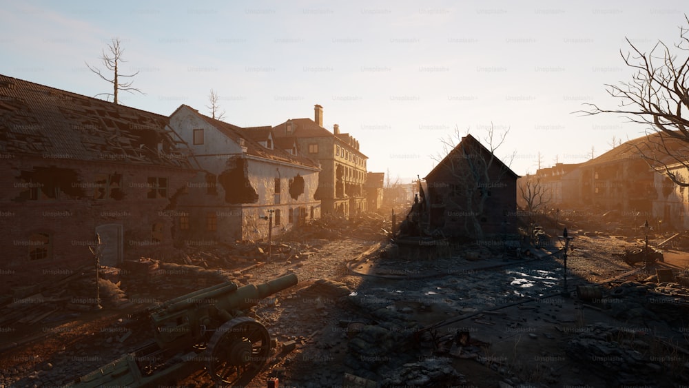 a destroyed building with a gun in the foreground