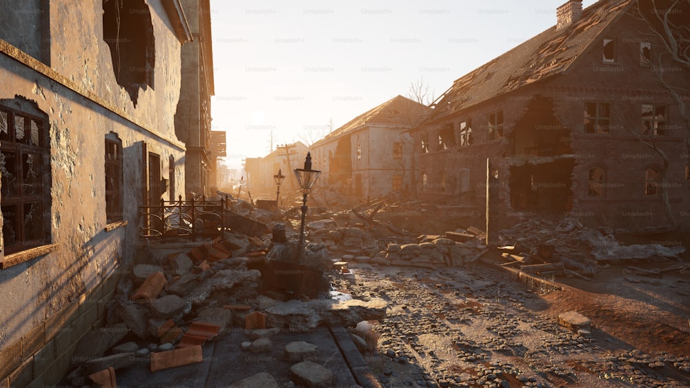 an old run down city street with rubble on the ground