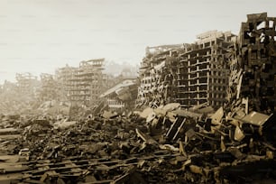 a large pile of rubble next to a building