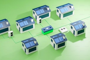 a group of small buildings sitting on top of a green surface