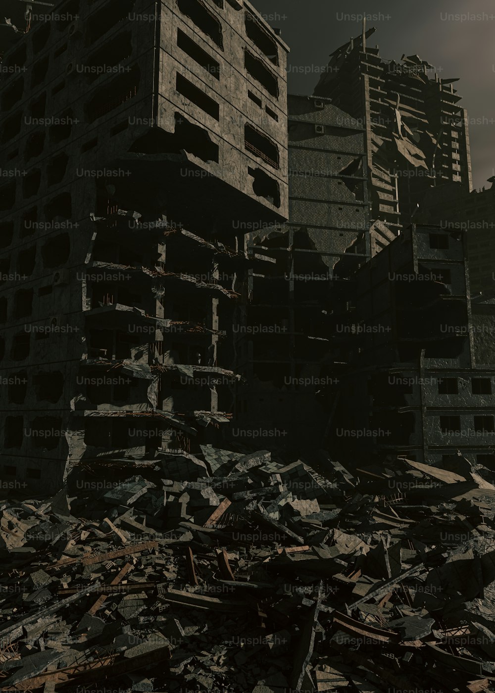 a pile of rubble next to a tall building