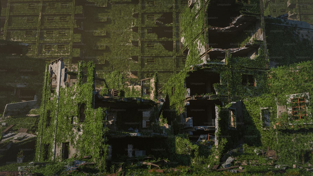 a bunch of buildings that are covered in vines