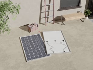 ein Solarpanel, eine Leiter, eine Bank und ein Fenster