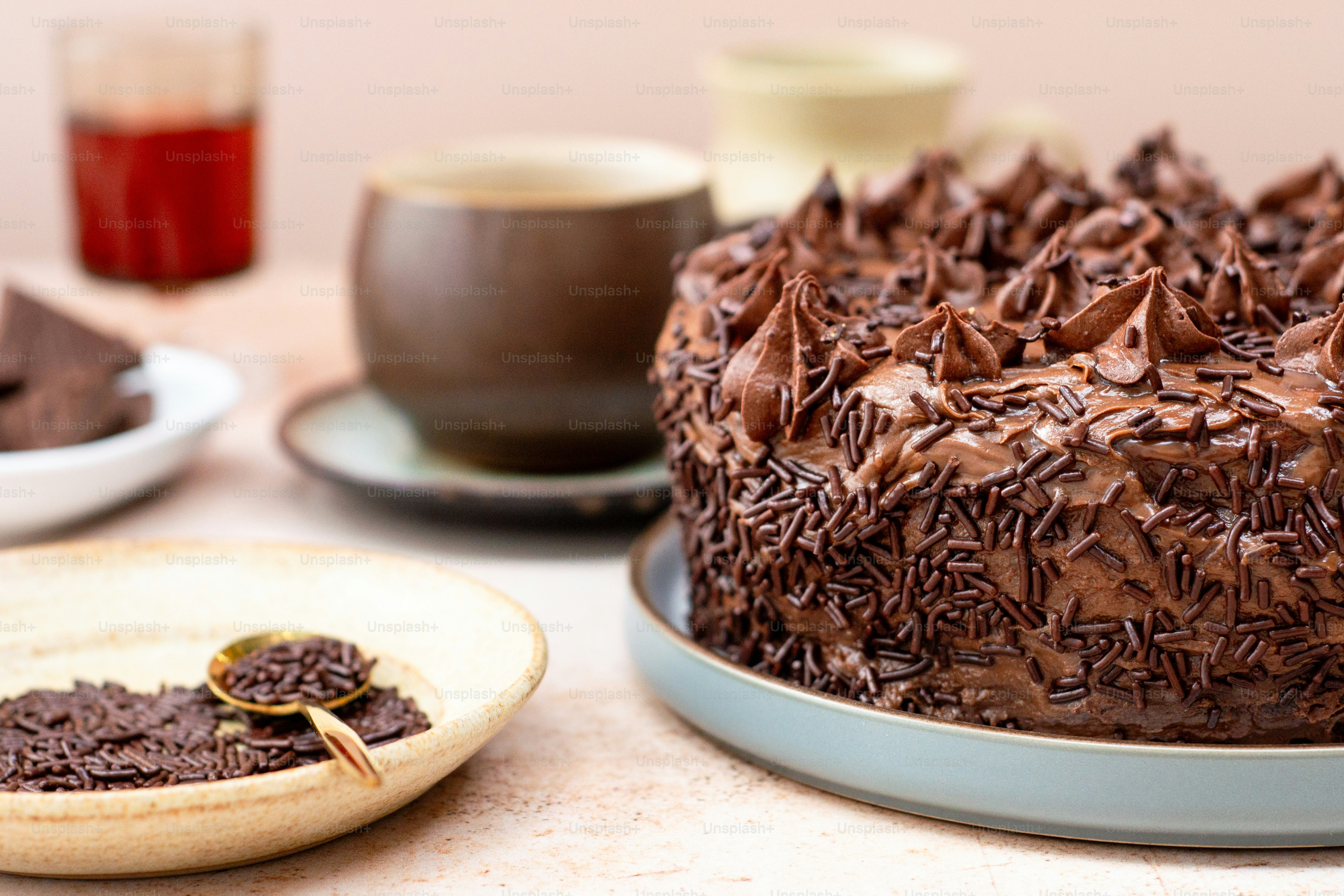 a chocolate cake sitting on top of a table