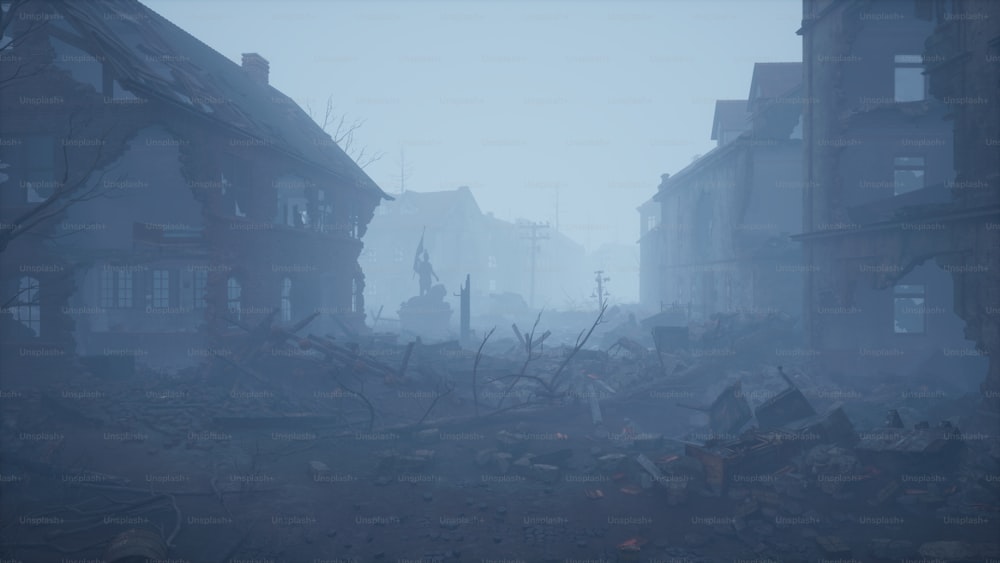 a foggy city street with buildings and rubble