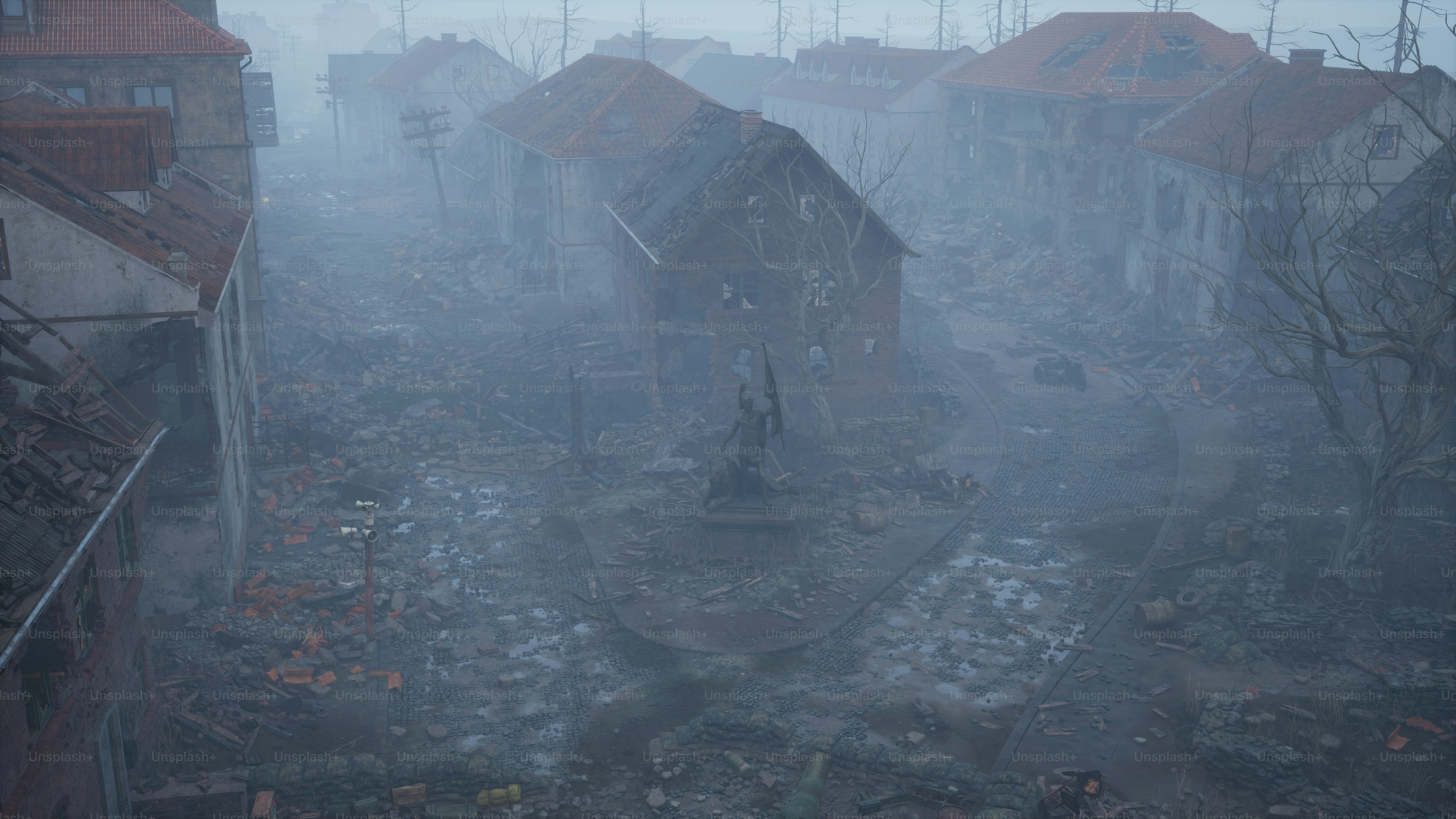 a foggy city street with lots of buildings