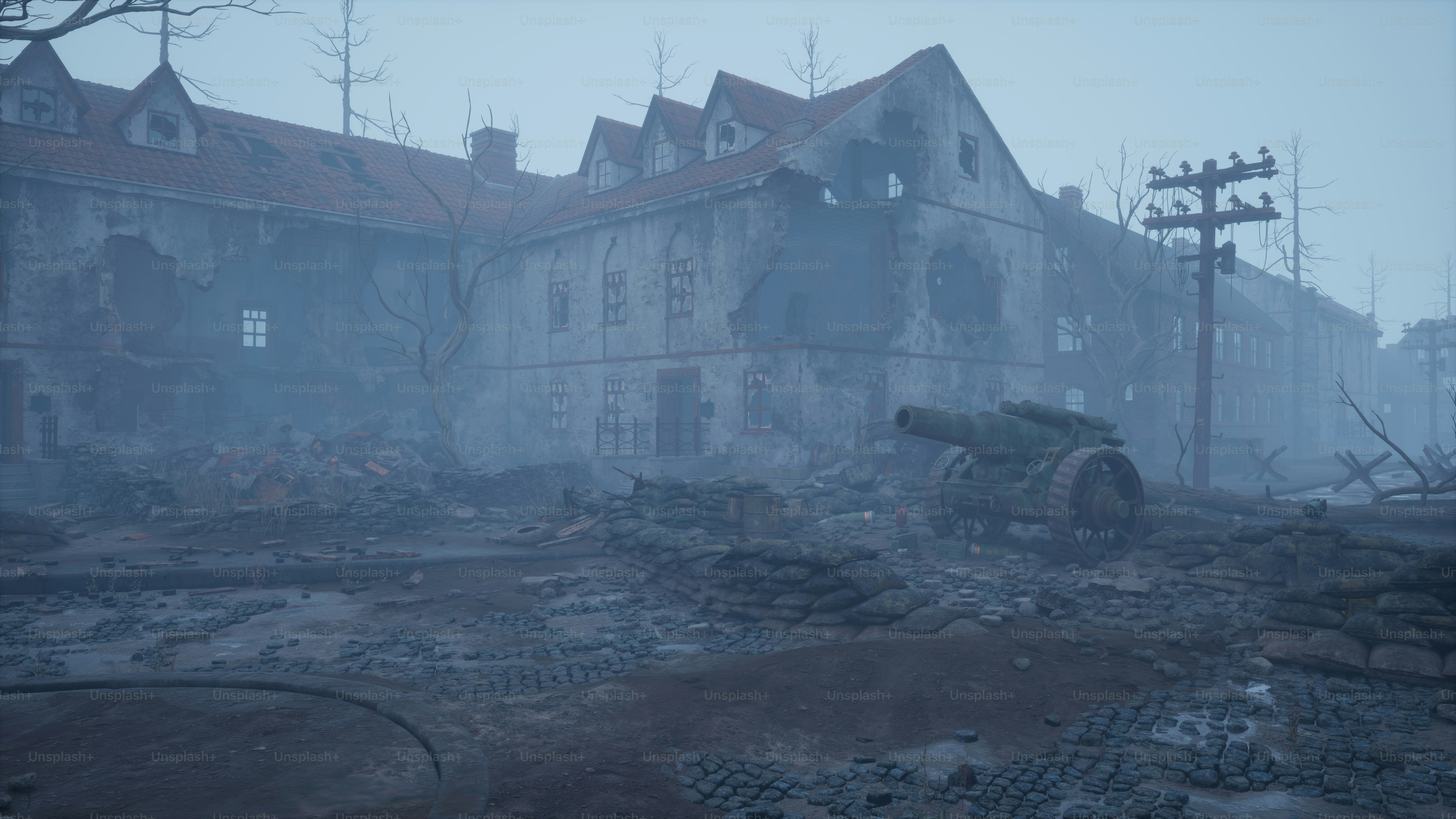 an old building with a cannon in front of it