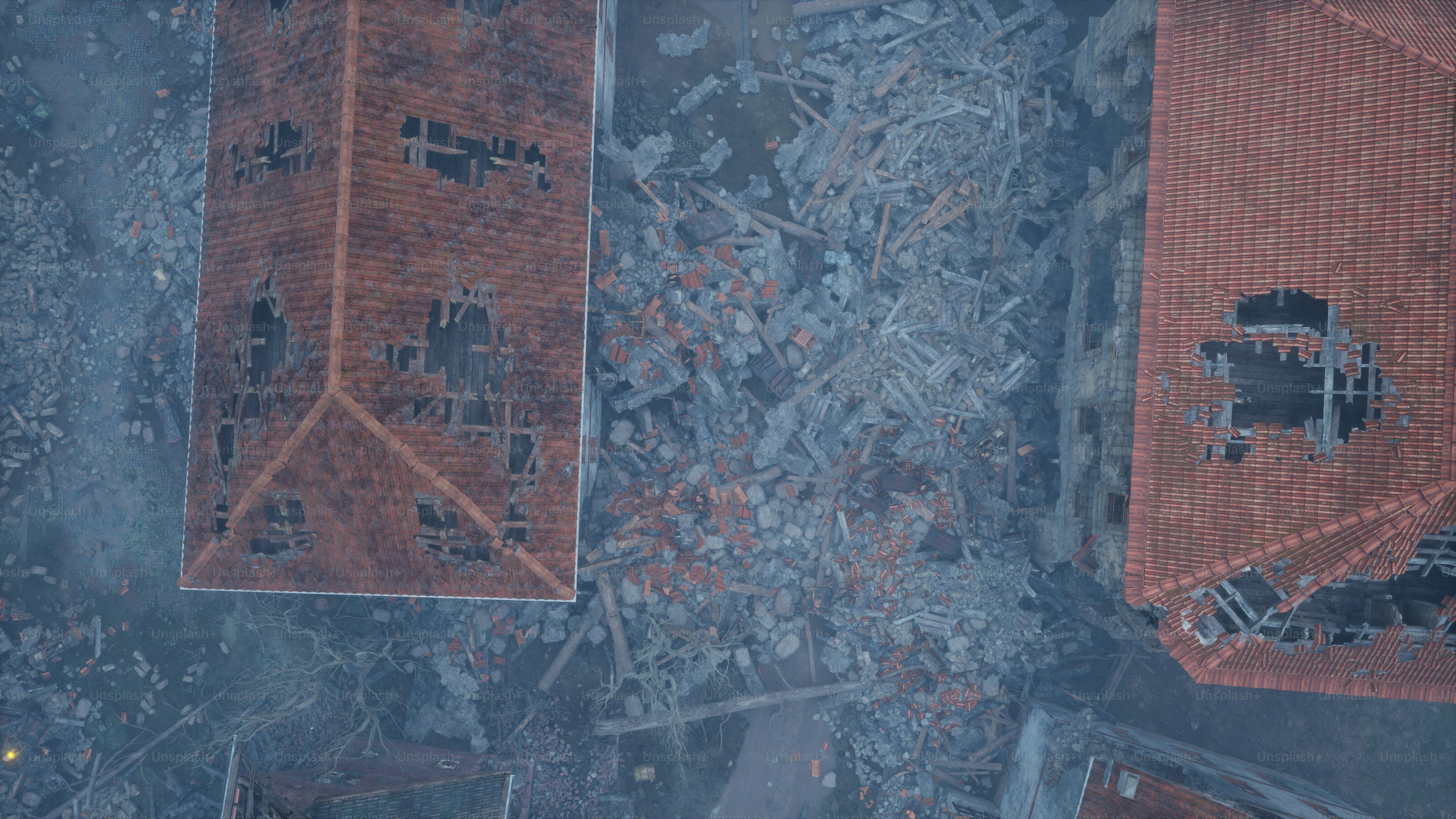 an aerial view of a red brick building