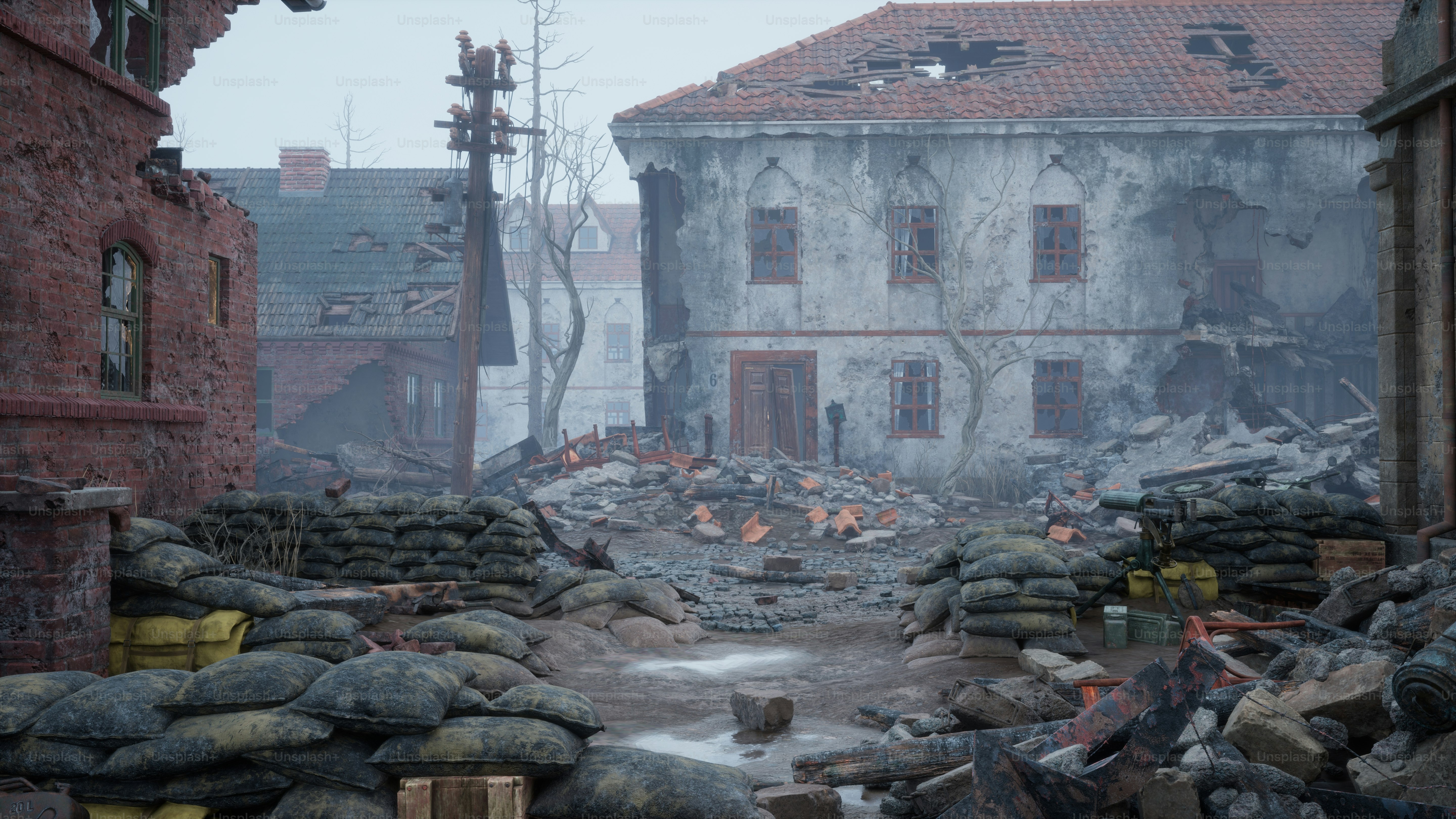 a large pile of rubble next to a building